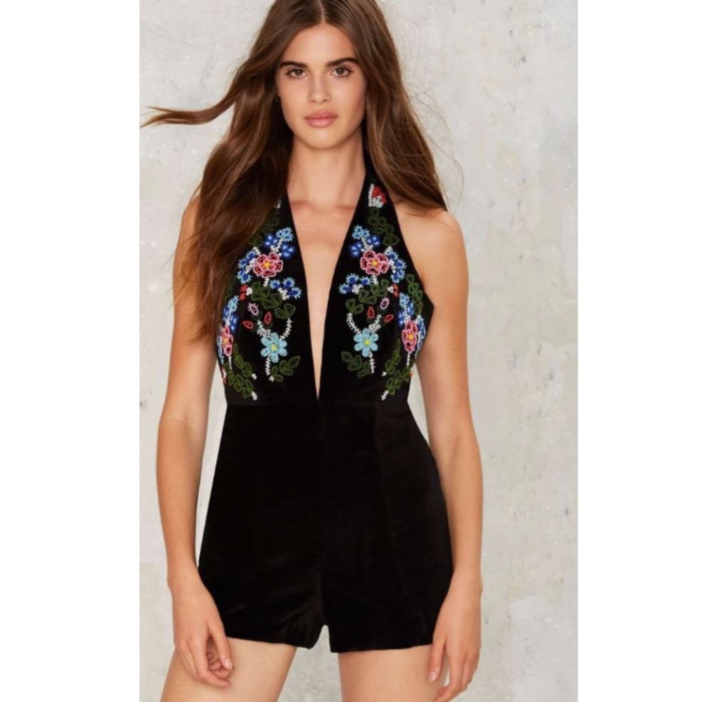 Bead limit embellished velvet romper